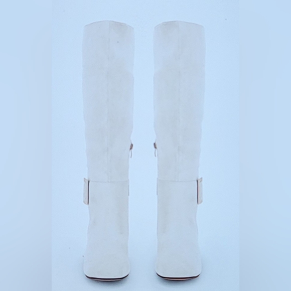 NIB FAUX SUEDE METAL BUCKLE SIDE ZIP CHUNKY HEEL KNEE HIGH BOOT BEIGE 5.5 - Picture 6 of 15